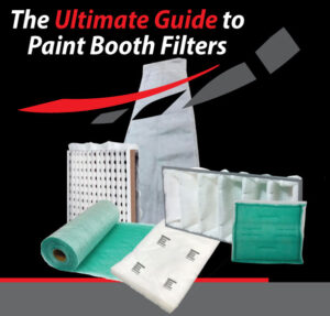 Different types of paint booth filters lined up on a workbench